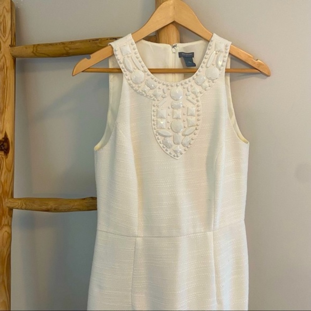 Ann Taylor White Sleeveless Dress with Front Beading